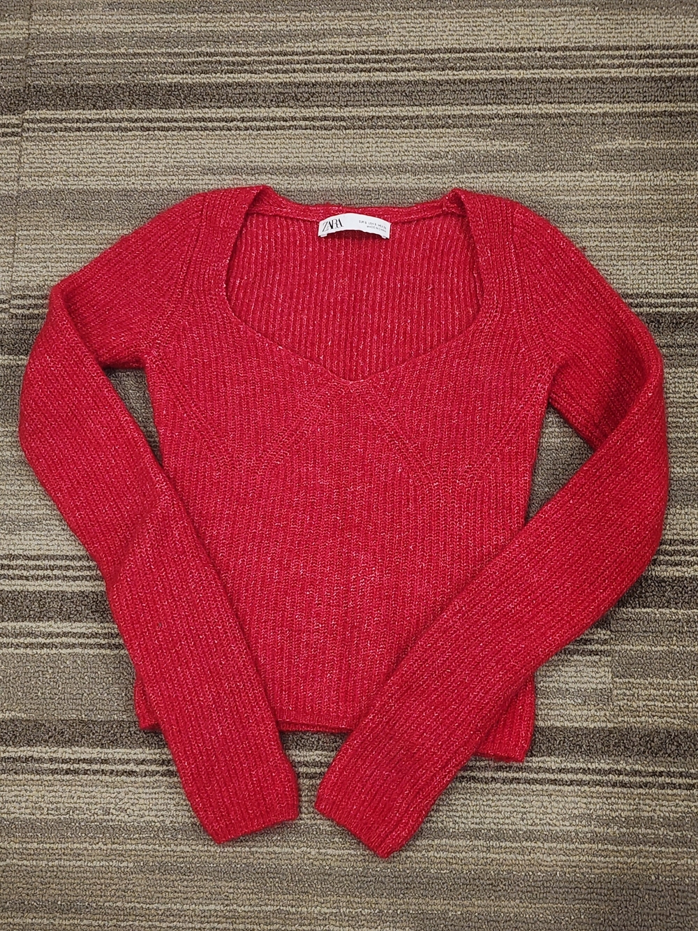 ZARA Red Ribbed V-Neck Sweater